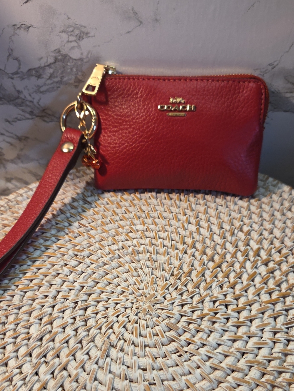 Coach 5x3 1/2 Red Pebbled Leather Wristlet with Gold Hardware